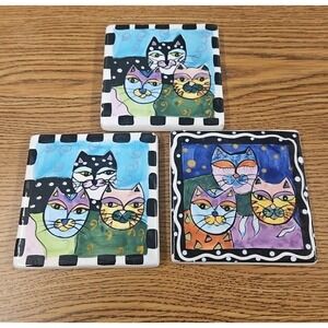 Milson and Louis Hand Painted Laurel Burch Style Cats Ceramic Tile Trivet 3